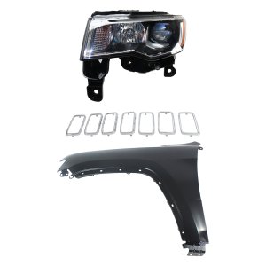 Headlight Assembly Kit for Jeep Grand Cherokee 2017-2021, Left (Driver) Side, Halogen, 3-Piece Kit, Includes Fender and Grille Assembly, Replacement