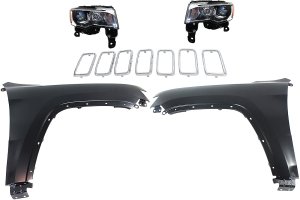 Headlight Assembly Kit for Jeep Grand Cherokee (2017-2021), Right (Passenger) and Left (Driver) Halogen, 5-Piece Set with Fenders and Grille Assembly, Replacement