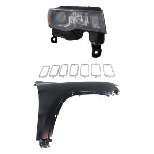 Headlight Assembly Kit for Jeep Grand Cherokee 2017-2021, Right (Passenger), Halogen, 3-Piece with Fender and Grille Assembly, Replacement