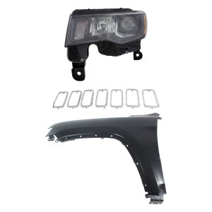 Headlight Assembly Kit for Jeep Grand Cherokee 2017-2021, Left (Driver), Halogen, 3-Piece with Fender and Grille Assembly, Replacement