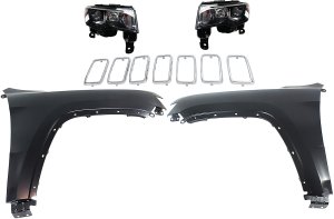 Headlight Assembly Kit for Jeep Grand Cherokee 2017-2021, Right (Passenger) and Left (Driver), Halogen, 5-Piece with Fenders and Grille Assembly, Replacement