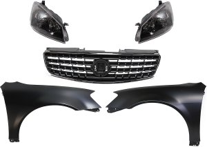 Headlight Kit for 2005-2006 Nissan Altima, Right (Passenger) and Left (Driver) Lens and Housing, HID/Xenon, 5-Piece with Fenders and Grille Assembly, Replacement
