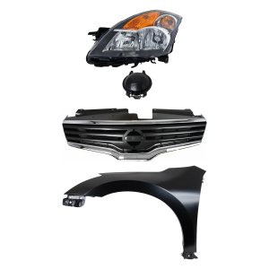 Headlight Assembly Kit for 2007-2009 Nissan Altima, Left (Driver) Side, Halogen, 3-Piece Set, with Fender and Grille Assembly, Replacement
