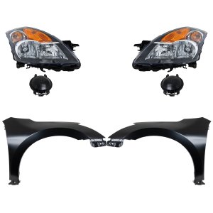 Headlight Assembly Kit for 2007-2009 Nissan Altima, Right (Passenger) and Left (Driver), Halogen, 4-Piece Set with Fenders, Replacement