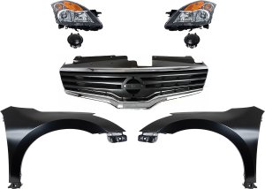 Headlight Assembly Kit for 2007-2009 Nissan Altima, Includes Right (Passenger) and Left (Driver) Lights, Halogen, 5-Piece Set, with Fenders and Grille Assembly, Replacement
