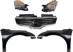 Headlight Assembly Kit for 2007 Nissan Altima, Right (Passenger) and Left (Driver), 5-Piece Kit, includes Halogen Lights, Fenders, and Grille Assembly Replacement