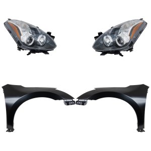 Headlight Assembly Kit for 2010-2012 Nissan Altima, Right (Passenger) and Left (Driver), Halogen, 4-Piece with Fenders, Replacement