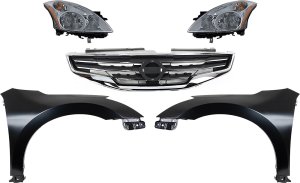 Headlight Assembly Kit for 2010-2012 Nissan Altima, Right (Passenger) and Left (Driver), Halogen, 5-Piece with Fenders and Grille Assembly Replacement
