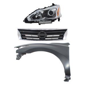 Headlight Assembly Kit for Nissan Altima 2013-2015, Left (Driver) Side, Halogen, 3-Piece Set, includes Fender and Grille Assembly Replacement