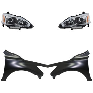 Headlight Assembly Kit for 2013-2015 Nissan Altima, Right (Passenger) and Left (Driver), Halogen, 4-Piece Set with Fenders, Replacement