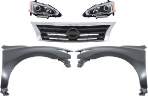 Headlight Assembly Kit for 2013-2015 Nissan Altima with Right (Passenger) and Left (Driver) Halogen Lights, 5-Piece Kit, Includes Fenders and Grille Assembly, Replacement