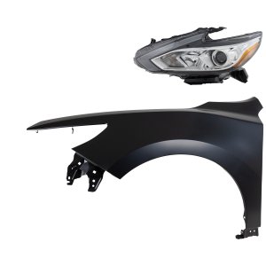 Headlight Assembly Kit for Nissan Altima 2016-2018, Left (Driver) Side, Halogen, 2-Piece Kit, Includes Fender, Replacement