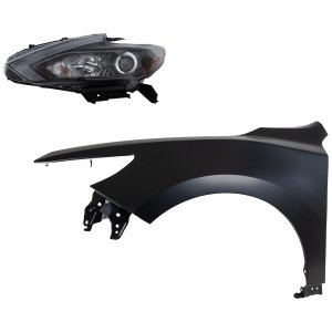 Headlight Assembly Kit for 2016-2018 Nissan Altima, Left (Driver) Side, Halogen, 2-Piece with Fender, Replacement