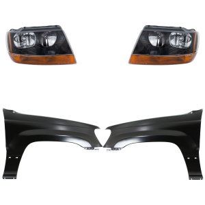Headlight Assembly for Jeep Grand Cherokee 1999-2003, Right (Passenger) and Left (Driver), Halogen, 4-Piece Kit with Fenders, Replacement
