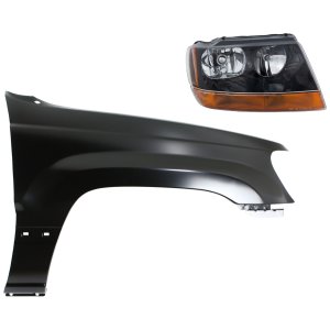 Headlight Assembly for Jeep Grand Cherokee 1999-2003 Right (Passenger), Halogen, 2-Piece Kit with Fender, Replacement