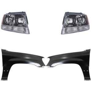 Headlight Assembly Kit for 2002 Jeep Grand Cherokee, Right (Passenger) and Left (Driver), Halogen, 4-Piece Kit with Fenders, Replacement
