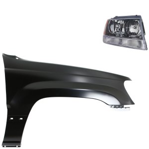 Headlight Assembly for 2002 Jeep Grand Cherokee, Right (Passenger) Side, Halogen, 2-Piece Kit, with Fender, Replacement