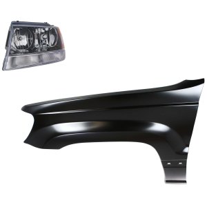 Headlight Assembly for 2002 Jeep Grand Cherokee, Left (Driver) Side, Halogen, 2-Piece Kit with Fender, Replacement