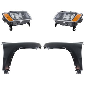 Headlight Assembly Kit for Jeep Grand Cherokee 2014-2016, Right (Passenger) and Left (Driver), Halogen, Includes 4-Piece Kit with Fenders, Replacement