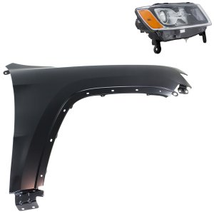 Headlight Assembly Kit for Jeep Grand Cherokee 2014-2016, Right (Passenger) Side, Halogen, 2-Piece Set with Fender, Replacement