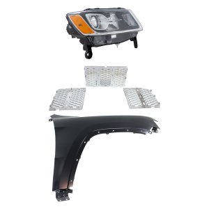 Headlight Assembly Kit for Jeep Grand Cherokee 2014-2016, Right (Passenger), 3-Piece with Halogen Light, includes Fender and Grille, Replacement