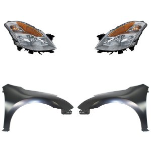 Front Fender for 2008 Nissan Altima, Right (Passenger) and Left (Driver), Primed (Ready to Paint) 4-Piece Kit with Headlights, Replacement