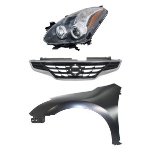 Front Fender Kit for 2010-2013 Nissan Altima, Left (Driver), Primed (Ready to Paint), 3-Piece Set, Includes Grille and Headlight, Replacement