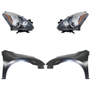 Front Fender Kit for 2010-2013 Nissan Altima, Right (Passenger) and Left (Driver), Primed (Ready to Paint), 4-Piece Kit with Headlights, Replacement