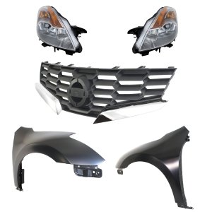 Front Fender Kit for 2010-2013 Nissan Altima, Includes Right (Passenger) and Left (Driver) Sides, Primed (Ready to Paint), 5-Piece with Grille and Headlights, Replacement