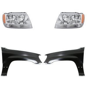 Headlight Assembly Kit for Jeep Grand Cherokee 2004, Right (Passenger) and Left (Driver), Halogen, 4-Piece with Fenders, Replacement