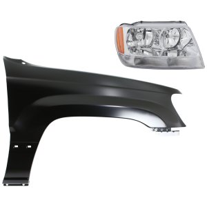 Headlight Assembly for Jeep Grand Cherokee 2004, Right (Passenger) Halogen, 2-Piece Kit with Fender, Replacement