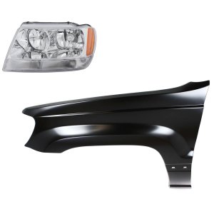 Headlight Assembly for 2004 Jeep Grand Cherokee Left (Driver), 2-Piece Kit with Halogen Fender, Replacement
