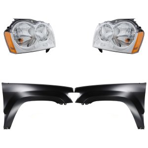 Headlight Assembly Kit for 2005-2007 Jeep Grand Cherokee, Right (Passenger) and Left (Driver) Side, Halogen, 4-Piece Kit with Fenders, Replacement
