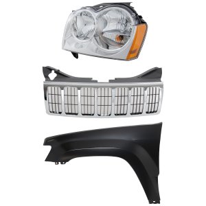Grille Kit for 2005-2007 Jeep Grand Cherokee, Chrome Shell and Insert, 3-Piece Set with Fender and Headlight Replacement