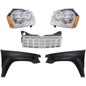 5-Piece Chrome Shell and Insert Grille Kit for 2005-2007 Jeep Grand Cherokee with Fenders and Headlights Replacement
