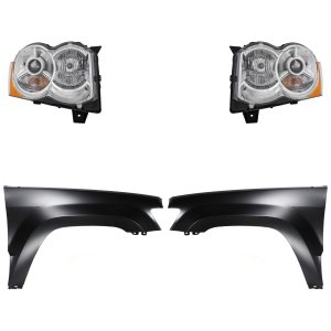 Headlight Kit for 2008-2009 Jeep Grand Cherokee, Right (Passenger) and Left (Driver), Lens and Housing, Xenon, 4-Piece Kit, with Fenders, Replacement