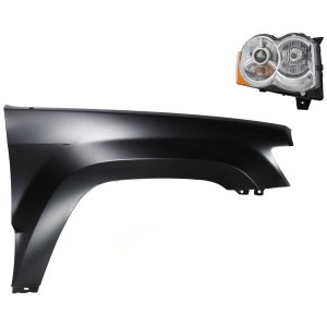 Headlight with Lens and Housing for 2008-2009 Jeep Grand Cherokee, Right (Passenger) Side, Xenon, 2-Piece Kit, with Fender, Replacement