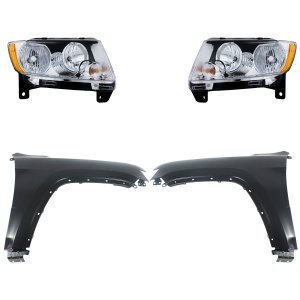 Headlight Assembly Kit for 2011-2013 Jeep Grand Cherokee, Right (Passenger) and Left (Driver) Halogen Lights, 4-Piece Set with Fenders, Replacement