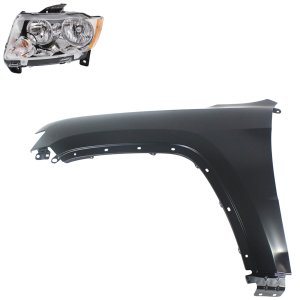Headlight Assembly Kit for 2011-2013 Jeep Grand Cherokee, Left (Driver), Halogen, 2-Piece with Fender, Replacement