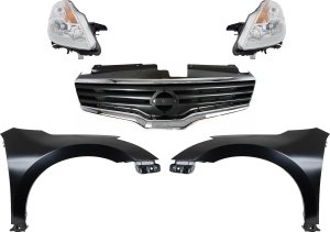 Headlight Kit for 2008-2009 Nissan Altima, Right (Passenger) and Left (Driver), Lens and Housing, Halogen, 5-Piece Kit with Fenders and Grille Assembly, Replacement