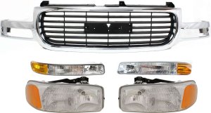 Grille with Headlights and Parking Lights Kit for GMC Yukon/Yukon XL 1500/Yukon XL 2500 2000-2006, 5-Piece Replacement Set