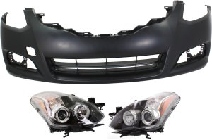 Headlight Assembly for Nissan Altima 2010-2013, Right (Passenger) and Left (Driver), Halogen, 3-Piece kit with Bumper Cover, Replacement