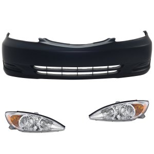 Headlight Assembly for 2002-2004 TOYOTA CAMRY, Right (Passenger) and Left (Driver), Halogen, 3-Piece kit, with Bumper Cover, Replacement