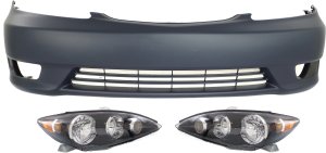Headlight Assembly Kit for 2005-2006 Toyota Camry, Right (Passenger) and Left (Driver), Halogen, 3-Piece Set, includes Bumper Cover, Replacement