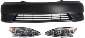 Headlight Assembly Kit for 2005-2006 Toyota Camry, Right (Passenger) and Left (Driver), Halogen, 3-Piece with Bumper Cover, Replacement