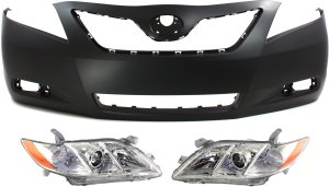Headlight Kit for 2007-2009 Toyota Camry, Right (Passenger) and Left (Driver), Lens and Housing, Halogen, 3-Piece with Bumper Cover, Replacement