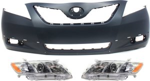 Headlight Kit for Toyota Camry 2007-2009, Right (Passenger) and Left (Driver) with Lens and Housing, Halogen, 3-Piece Set including Bumper Cover, Replacement