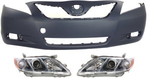 Headlight Kit for Toyota Camry 2007-2009, Right (Passenger) and Left (Driver), Lens and Housing, Halogen, 3-Piece with Bumper Cover, Replacement