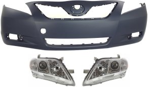Headlight Kit for 2007-2009 Toyota Camry, Right (Passenger) and Left (Driver) Lenses and Housing, Halogen, 3-Piece with Bumper Cover, Replacement
