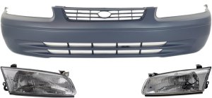Front Bumper Cover for Toyota Camry 1997-1999, 3-Piece Kit with Headlights, Sedan, Replacement